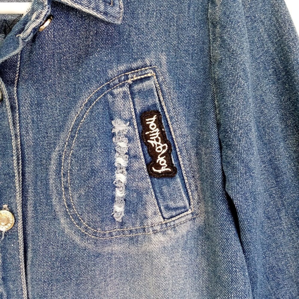 Boom Sequin Hi-Low Hem Denim Jacket Girls Sz 10-12 Blue Distressed - Picture 4 of 14